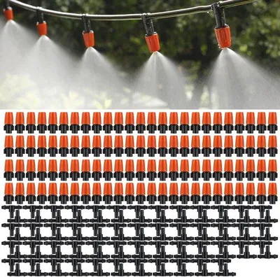 Obrázek produktu pro Sada 100 zavlažovacích trysků, mikrokapkový systém, nastavitelný, pro květinové záhony, zeleninové zahrady, trávníky, oranžová