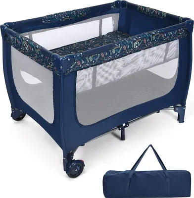Produktbild von GOPLUS 2 in 1 Baby Reisebett mit Matratze, Baby Laufstall mit Netzwand & 2 Rädern mit Bremse, Klappbares Kinderbett aus Oxford-Tuch für Baby