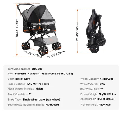 Image de Poussette pour chiens - Légère - Poussette pour animaux de compagnie - Adaptée aux chiens et aux chats - Pliable - avec frein