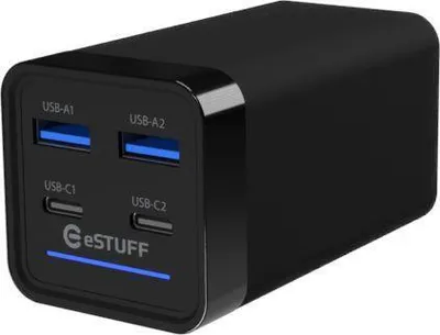 Immagine prodotto di eSTUFF - Alimentatore - GaN - 65 Watt - PD 3.0, QC 3.0, QC 4.0+, Apple 2.4A, PD/PPS - 4 porte di uscita (2 x USB-C,