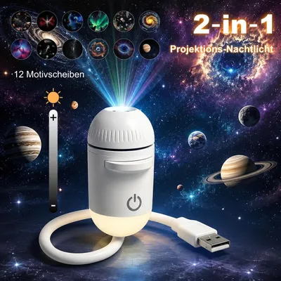 Produktbild von LED Sternenhimmel Projektor & Nachtlicht 2-in-1, HD 12 Motive, USB Type-C,Sternenhimmel Projektor LED Nachtlicht mit 12 Dia-Folien, Dimmbar für Auto &