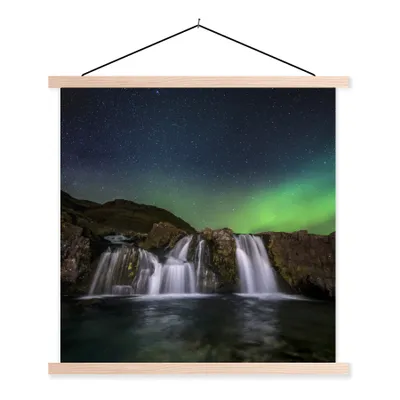 Produktbild von MuchoWow® Textilposter Nordlicht - Wasserfall - Island - Natur 120x120 cm mit holzfarbenen Rahmen - Textil-Poster