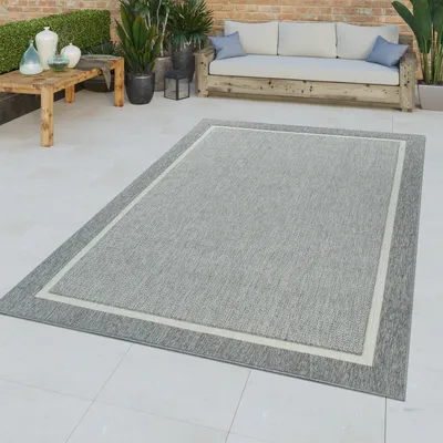 Produktbild von TT Home Kurzflor In- & Outdoor Teppich 3D Effekt Bordüre Muster Natürlicher Look Grau Größe 80x150 cm