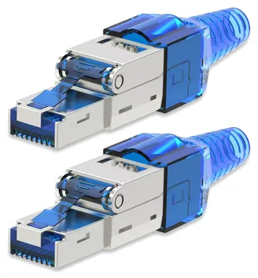 Produktbild von Netzwerkstecker CAT 7 Werkzeuglos 2x RJ45 Netzwerk Stecker geschirmt Metall Blau