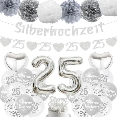 Productafbeelding van Ballonketting, decoratieset voor 25e verjaardag, zilveren hartballonnen, latexballonnen, papieren pompons, taartdecoratie