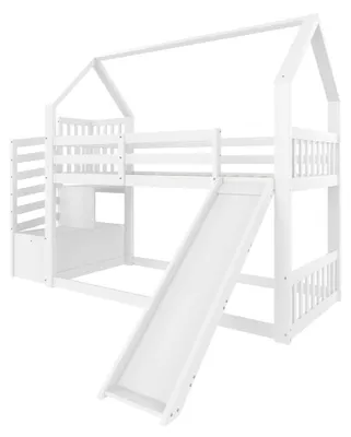Produktbild von Etagenbett mit Treppe und Rutsche - Hausförmiges Kinderbett - Sicherheitsgitter - Ohne Matratze - Weiß