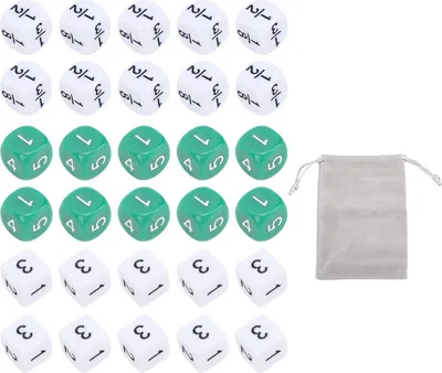 Productafbeelding van 30 stuks zeszijdige dobbelstenen, kunststof, wit en groen, 16 mm, geschikt voor bordspellen, wiskundelessen en educatieve doeleinden