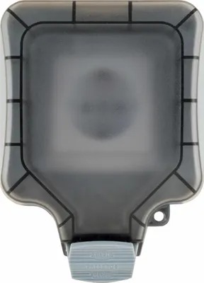 A top-down view of a gray, square-shaped outdoor electrical outlet cover.