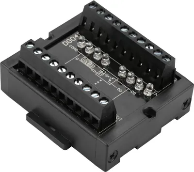 A black electronic module with screw terminals and indicator lights.