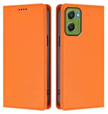 A product image showing an orange flip-style phone case for a Motorola Moto G06.