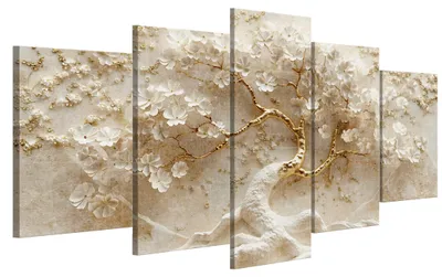 Produktbild von LUMASOUL Leinwand Bilder 200x100 cm, Leinwandbild Blumen Japandi Motiv, Wandbilder Holzrahmen und Webstuhl Wohnzimmer und Schlafzimmer, 5 teilig Baum 01