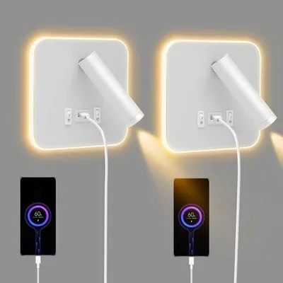 Image de Deux appliques murales à LED pour l'intérieur, lot comprenant une lampe de lecture avec interrupteur, orientable à 360°, une lampe de chevet 3000 K et un spot orientable (blanc).