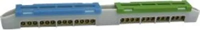 A product shot of a terminal block with blue and green covers.