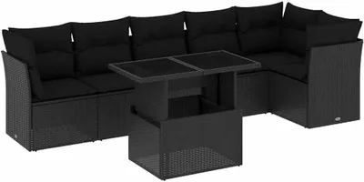 Produktbild von vidaXL 7-tlg. Garten-Sofagarnitur mit Kissen Schwarz Poly Rattan