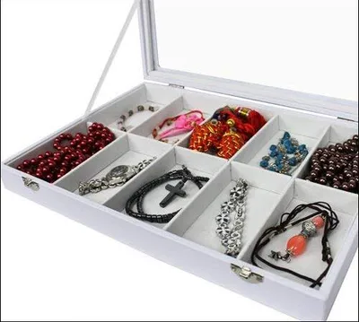 Produktbild von Schmuckkasten Schmucklade Schaukasten Schmuckdisplay mit Glasdeckel mit 10 Fächern weiss