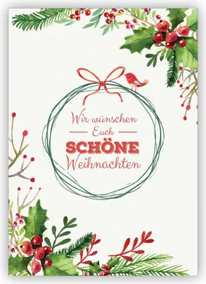 Produktbild von Edle gemalte Weihnachtskarte mit Beeren, Vögelchen und Weihnachtskranz: Wir wünschen Euch schöne Weihnachten