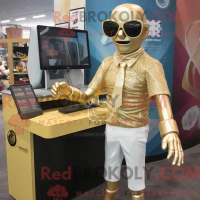 Productafbeelding van Mascottekarakter REDBROKOLY van een gouden computer gekleed met een boardshort en zonnebril