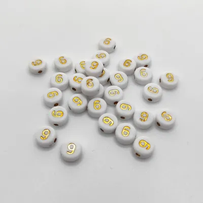 Image de Perles pour lettres, 30 pièces, 4x7 mm, or avec blanc, rond, chiffre 6