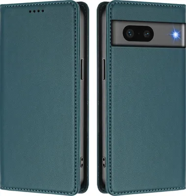 Image de Étui en cuir pour Google Pixel 7, étui à rabat magnétique en cuirPolyuréthaneavec support, vert