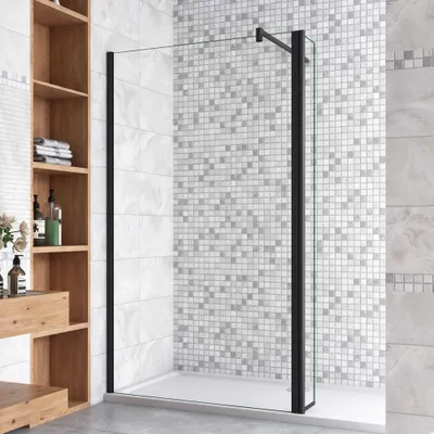 Produktbild von Schwarz Walkin Duschkabine 70x200cm + 40x200cm Flipper Panel mit Befestigungsstange die Klemme F Form: 140cm 8mm Nano-ESG Duschtrennwand