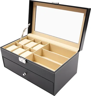 Produktbild von Aufbewahrungsbox für Uhren und Sonnenbrillen - Uhrenkasten & Brillenetui - 6 Uhrenfächer - 9 Brillenfächer - abschließbares Kunstleder - Schwarz