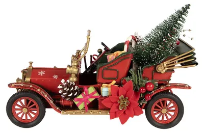 Imagen del producto de Figura decorativa navideña de Clayre & Eef, con forma de coche, de 25x10x17 cm, color rojo, fabricada en metal