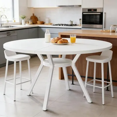 Produktbild von Runder Esstisch 120 cm, weißer Küchentisch mit Metallgestell, runder Esszimmertisch für 4-6 Personen, vielseitig als Kaffeetisch oder Empfangstisch