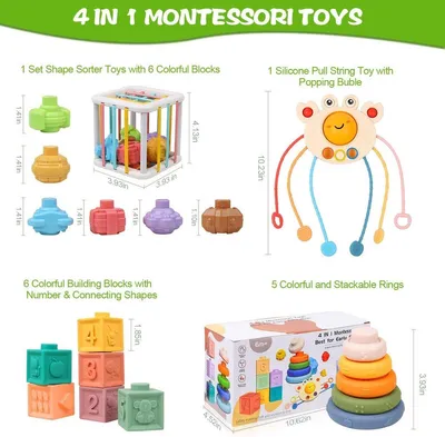 4-in-1 Montessori Spielzeug für Kinder von 3-18 Monaten – Stapeln, Bauklötze, Sinneskorb, Beißspielzeug