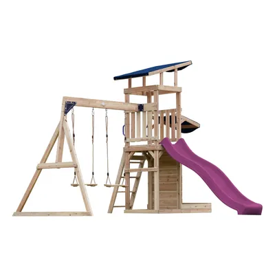 Image de AXI Malik Tour de jeux en bois avec 2 balançoires | Maison de jeux XXL / Aire de jeux pour enfants avec bac à sable, mur de jeux & toboggan en lilas | Structure de balançoire pour
