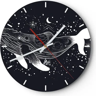 Produktbild von Wanduhr - Rund - Glasuhr - Wal Schwarzweiß Grafik - 40x40cm - Schleichendes Uhrwerk - Lautlos - zum Aufhängen bereit - Dekoration Modern - Wanddekoration aus Glas - C3AR40x40-4870