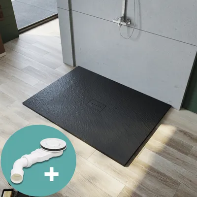 Produktbild von SONNI SMC Duschwannen für Badezimmer 100x140cm Super Flach Rechteck Duschtasse Schwarz Steinoptik inkl. Ablaufgarnitur