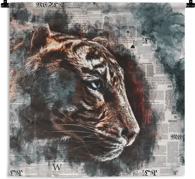 Produktbild von MuchoWow® Wandteppich Wandbehang Tiger - Zeitung - Kunst 150x150 cm Tapisserie Dekoration Wandtuch - Wohnaccessoires - Modernes
