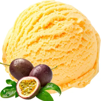 A scoop of passion fruit ice cream with passion fruits and leaves.