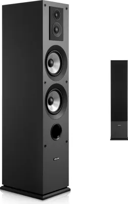A black floor-standing speaker is shown in a studio setting against a white background. A second, smaller speaker is visible in the background.