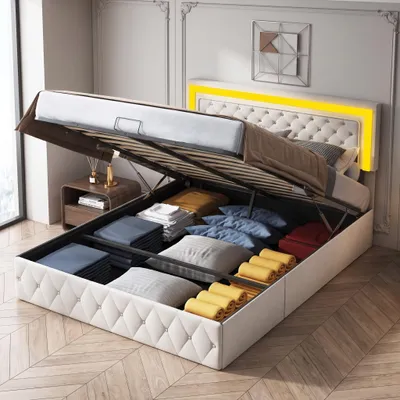 Produktbild von INONEFT Boxspringbett 160x200cm mit Lattenrost und Stauraum, Doppelbett Jugendbett mit LED und Bettkasten, Stauraumbett Funktionsbett, Samt, Beige