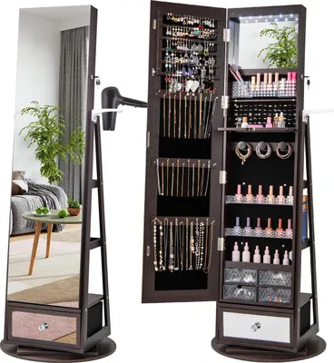 Zdjęcie produktu dla Szafka na biżuterię COSTWAY obracana o 360°, szafka z lustrem, stojak na biżuterię z szufladami, pełnowymiarowe lustro, oświetlenie LED i uchwyt na suszarkę do włosów, fioletowy