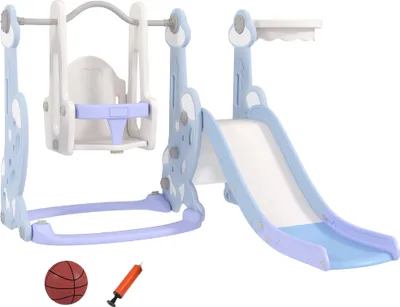 Produktbild von 4-in-1 Indoor-Spielplatz, Rutsch- und Schaukelset für Kleinkinder, Basketballkorb, Raketendesign, Kunststoff, Hellblau