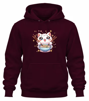 Immagine prodotto di Felpa con cappuccio a tema "Kawaii Katze Ramen", con immagini di noodles giapponesi, anime e manga, stile "carino" (kawaii), per appassionati (otaku), colore bordeaux, taglia L