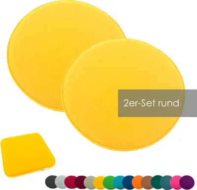 Produktbild von heimtexland Sitzkissen, Filz, Gelb, 35 cm Rund, 2er Set, ca. 2 cm dick, robust, pflegeleicht, abwaschbar, schnelltrocknend, doppellagig, wendbar, für Stühle, Bänke, Indoor & Outdoor
