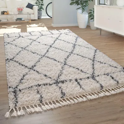 Produktbild von Paco Home Teppich Wohnzimmer Hochflor Skandinavisches Design Rauten Geometrisch Fransen 80x150 cm