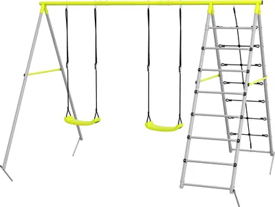 Produktbild von Kinderschaukel-Set Schaukelgerüst 2 Schaukeln Kletternetz Sprossenleiter Gartenschaukel 3-8 Jahre Stahl Grün