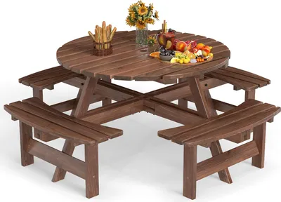 Produktbild von Holzpicknicktisch und Stuhl Set für 8 Personen, runder Campingtisch mit Schirmloch, runder Tisch für draußen mit 4 eingebauten gebogenen Bänken