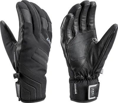 Two black ski gloves are shown from different angles against a white background.