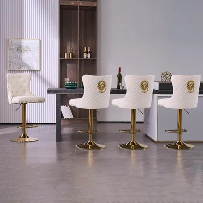 Immagine prodotto di Set di 4 sgabelli da bar in velluto, con altezza regolabile, schienale e poggiapiedi, color oro e bianco