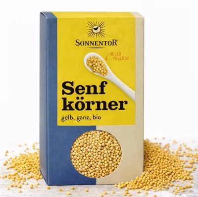 Produktbild von Sonnentor Senfkörner gelb  120 g, Körnige Gewürze, 120 g, Senfkörner, 487 kcal, 2039 kJ, 28,8 g