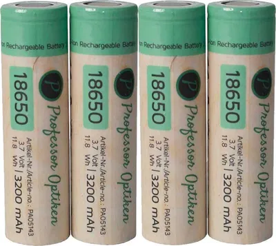 Four identical rechargeable batteries are lined up against a white background.