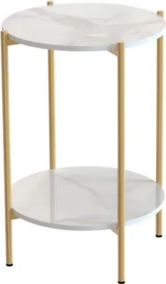 Image de Table d'appoint Bolt Edge – Table basse ronde – Aspect marbre – Double étage – Moderne et élégante – Structure métallique – 40 × 55 cm – Or et noir