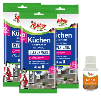 Produktbild von Poliboy XXL Küchen Feuchttücher - 3x24 Tücher - Kraftvolle & gründliche Reinigung für alle abwaschbaren Oberflächen - mit Möbel Probe