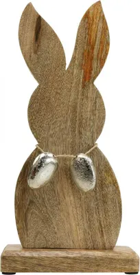 Produktbild von Osterhase aus Holz und Metall, Ostern Tischdekoration H31cm, Frühlingsdeko mit silbernen Eiern
