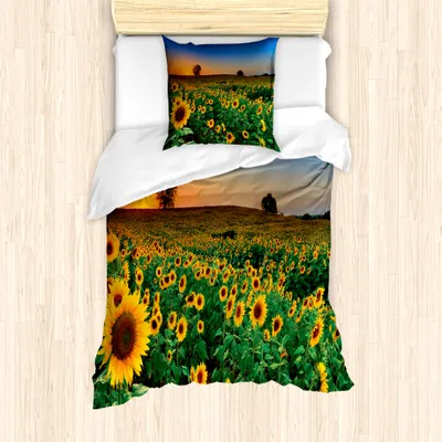 Produktbild von ABAKUHAUS Sonnenblume Bettbezug Set für Einzelbetten, Blumenfeld bei Sonnenuntergang, Milbensicher Allergiker geeignet mit Kissenbezug, 135 cm x 200 cm - 80 x 80 cm, Mehrfarbig